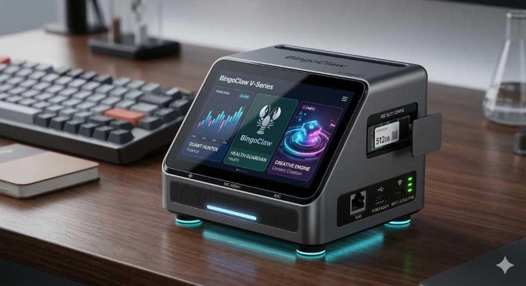 BingoClaw V-Series engineering view: M.2 SSD bay, RJ45, USB-C, LEDs, mic array, three-module display