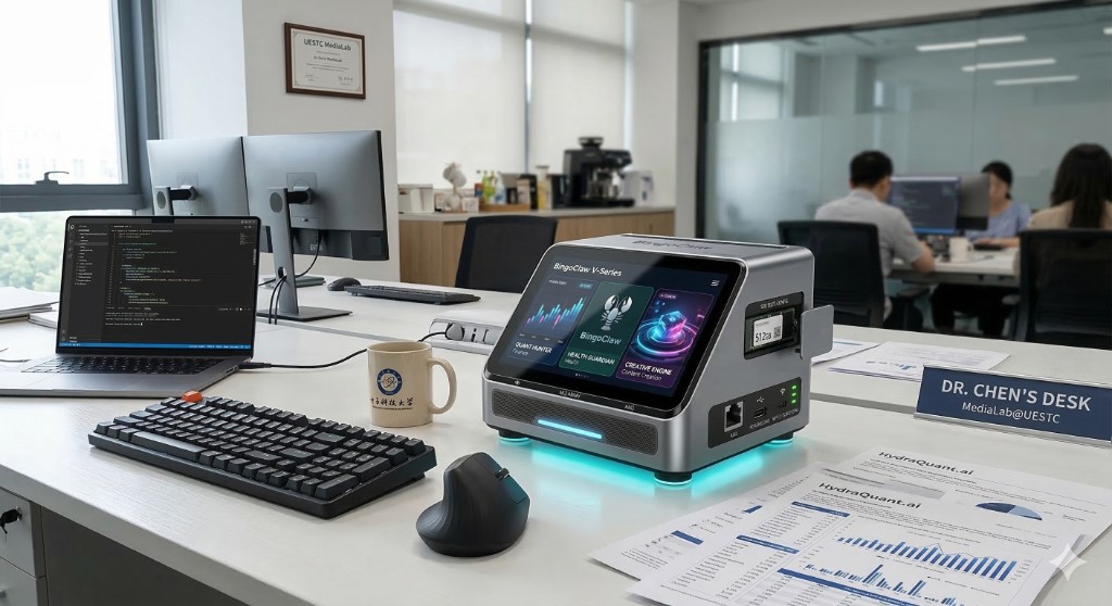 BingoClaw V-Series on a bright office desk; touchscreen shows US English Cloud Console modules